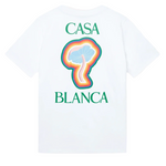White Casablanca Rainbow Mushroom t-shirt with colorful mushroom graphic and green text logo