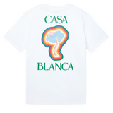 White Casablanca Rainbow Mushroom t-shirt with colorful mushroom graphic and green text logo