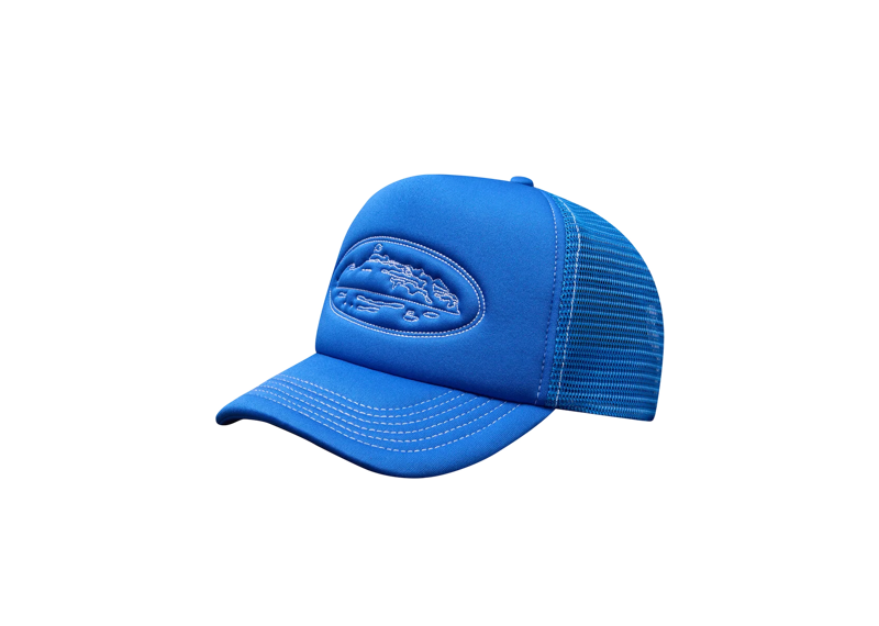 Blue Corteiz Island outline trucker hat displayed on a white background