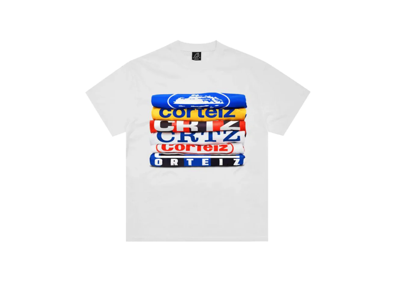 CORTEIZ STACK TEE WHITE with colorful stacked logo design.