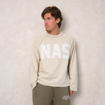 Natural Art Studio boXY fit cotton long sleeve with distressed appliqué front logo and screen print back