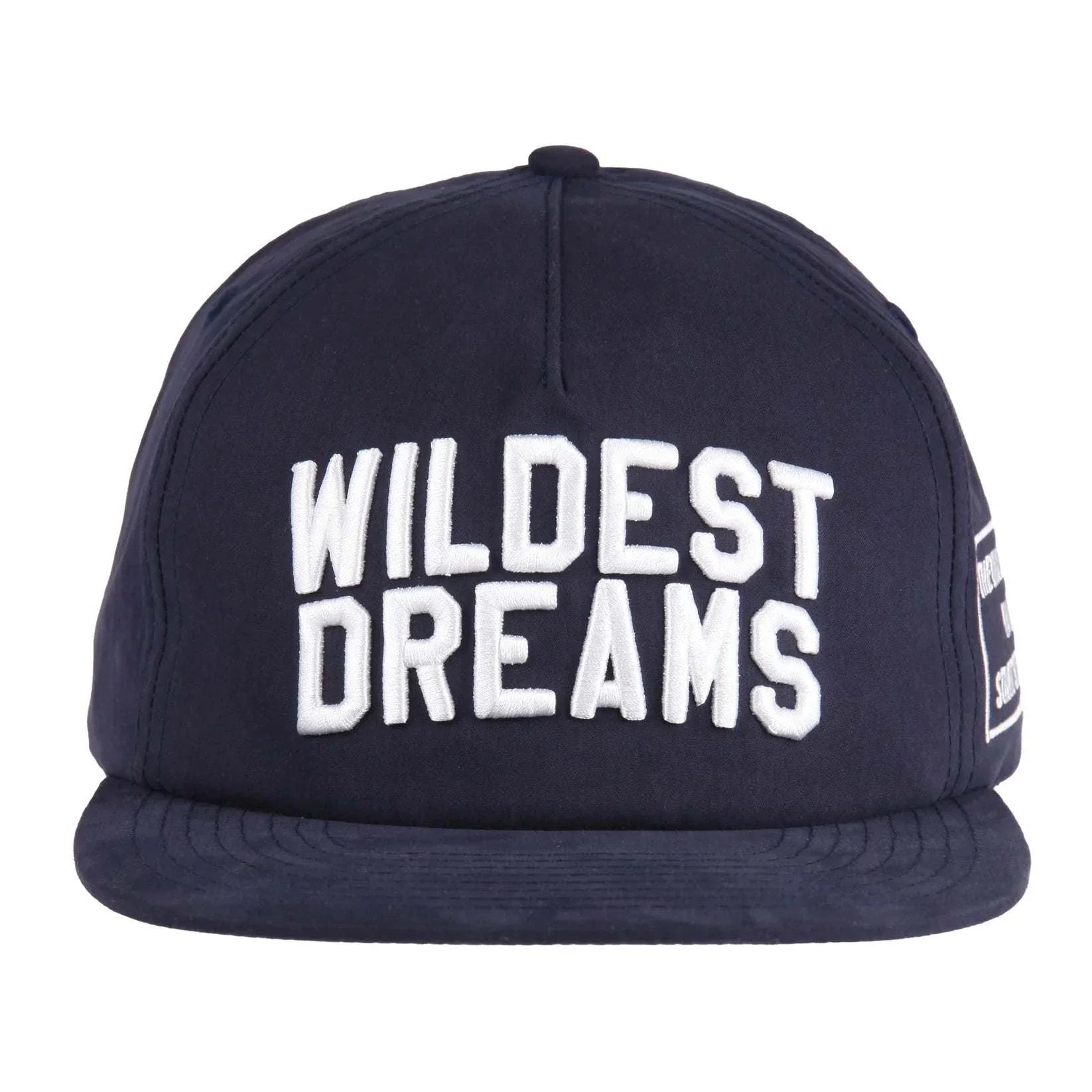 Navy and white Wildest Dreams Varsity Cap with embroidered text