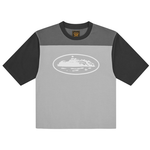 Corteiz Alcatraz heavyweight varsity jersey in grey with black sleeves and logo emblem