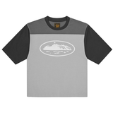 Corteiz Alcatraz heavyweight varsity jersey in grey with black sleeves and logo emblem