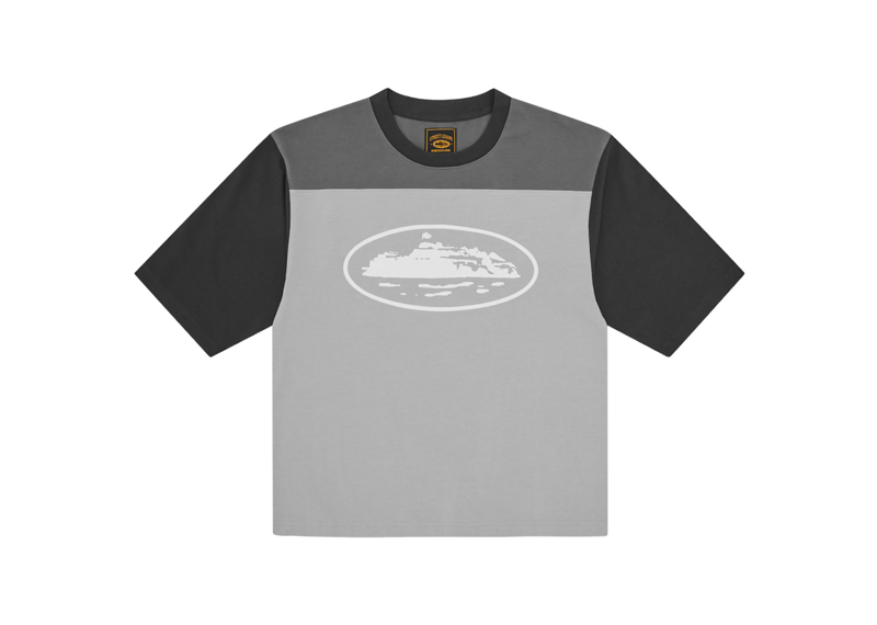 Corteiz Alcatraz heavyweight varsity jersey in grey with black sleeves and logo emblem