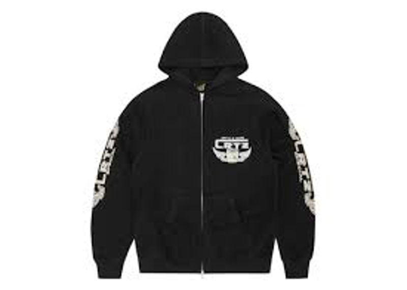 Corteiz Gasolina Zip Up Hoodie in black with logo detail.