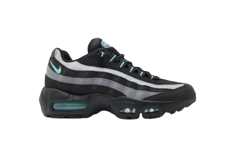 Nike Air Max 95 in Black Aurora Green colorway featuring sleek design and signature air cushioning.