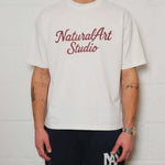 White Natural Art Studio boxy fit tee with red logo print on front and back
