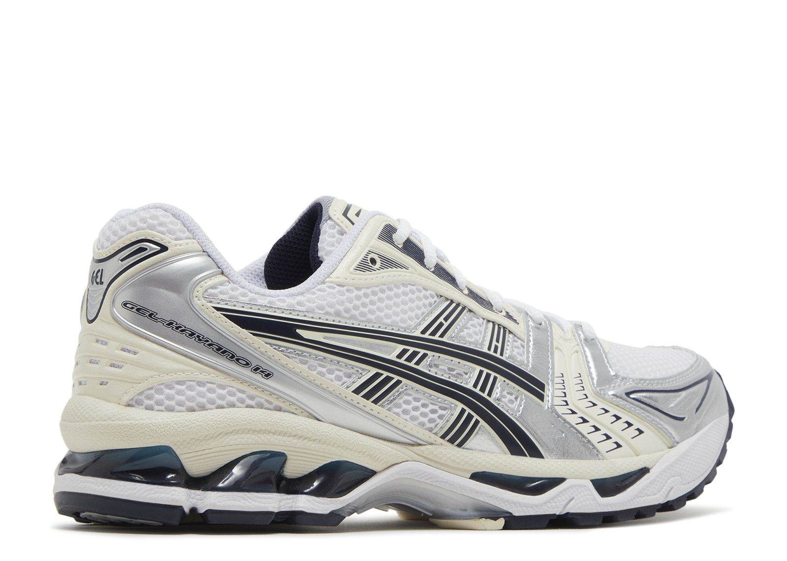 White and midnight Wmns Gel Kayano 14 running shoe with black stripes and cushioned sole