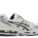 White and midnight Wmns Gel Kayano 14 running shoe with black stripes and cushioned sole