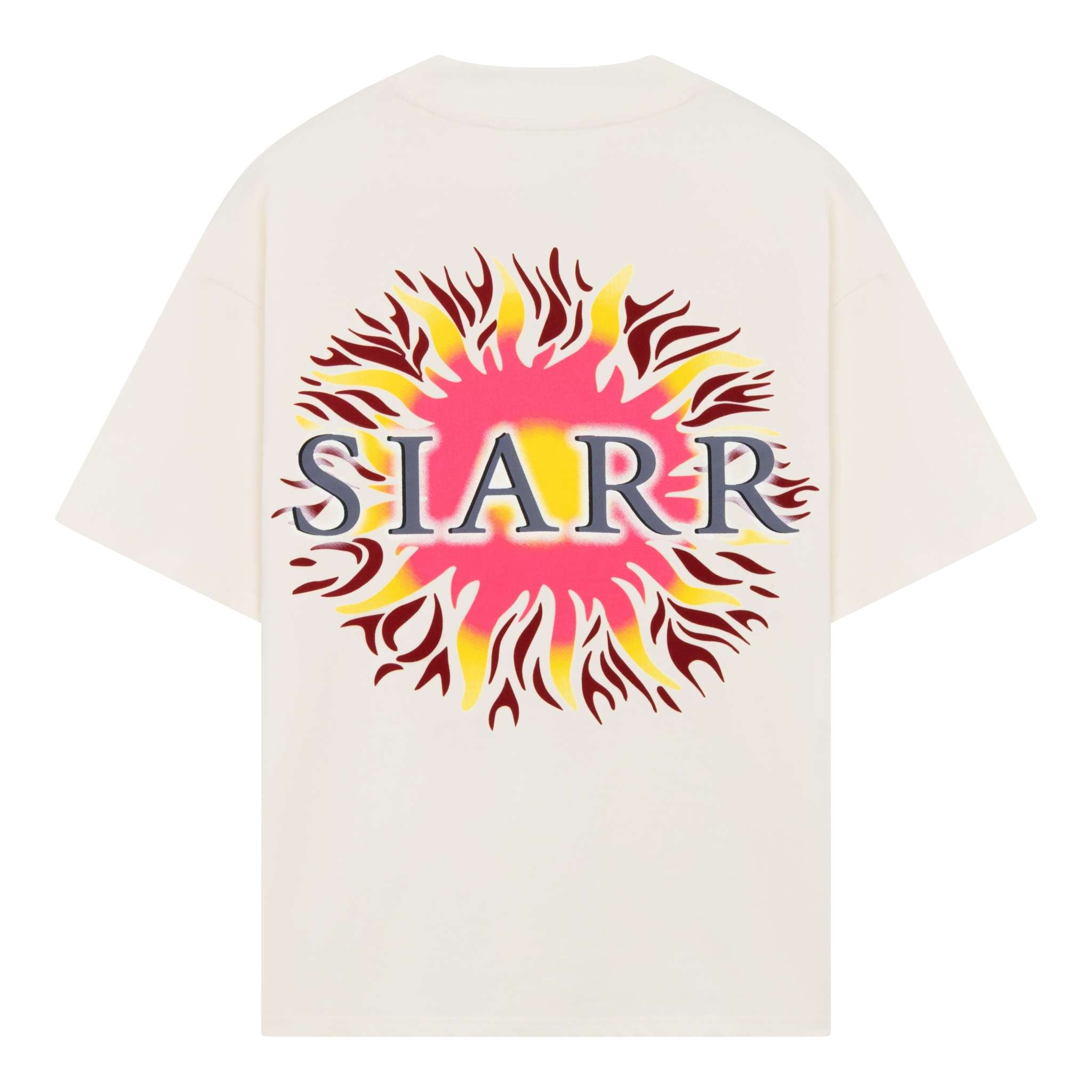 Siarr Fireball Tee in off-white with vibrant flame design and oversized fit.