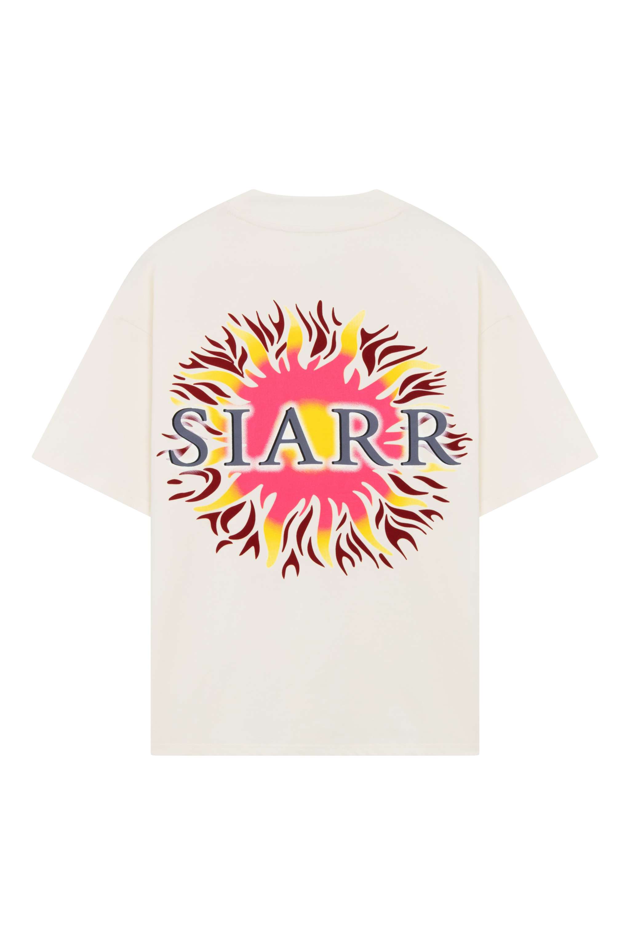 Siarr Fireball Tee in off-white with vibrant flame design and oversized fit.