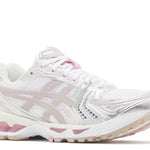 White Fawn Gel Kayano 14 Unlimited Pack running shoe with pink and silver accents