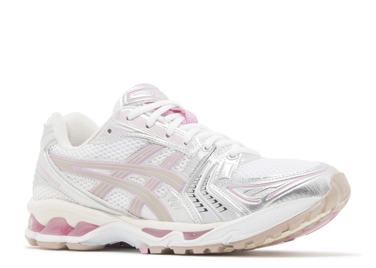 White Fawn Gel Kayano 14 Unlimited Pack running shoe with pink and silver accents