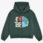 Green Broken Planet zip-up hoodie with "My Planet" graphic, streetwear style, cozy hood.