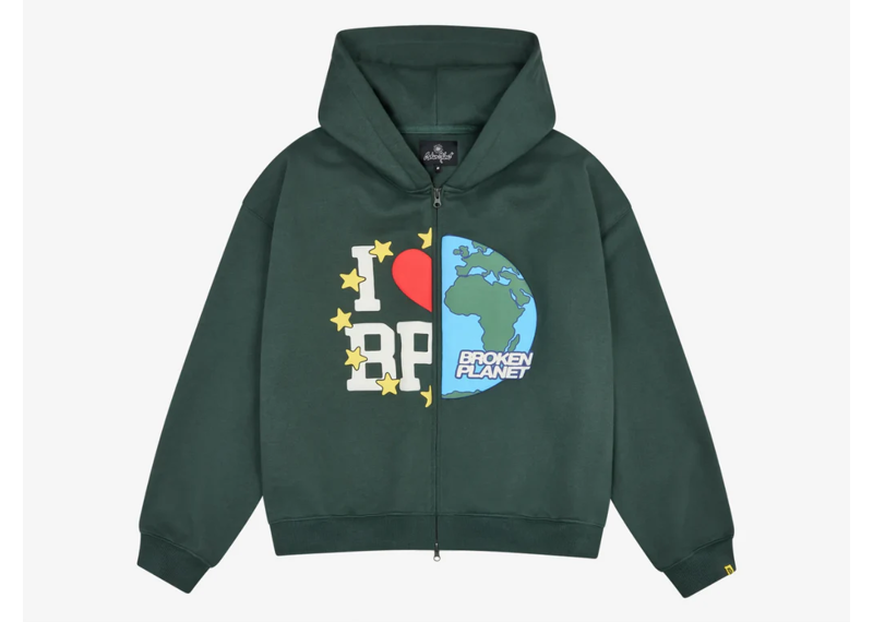 Green Broken Planet zip-up hoodie with "My Planet" graphic, streetwear style, cozy hood.