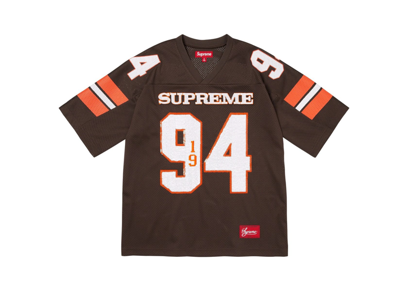 Brown Supreme Sequin Football Jersey with number 94 and orange accents