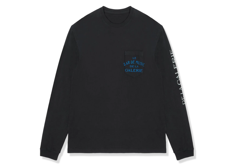 Black Gallery Dept. Le Bar Shop long sleeve T-shirt with blue pocket text and white sleeve print