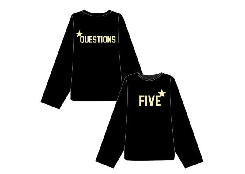 Black Five Questions Five Star long sleeve tee with star graphic on front and back