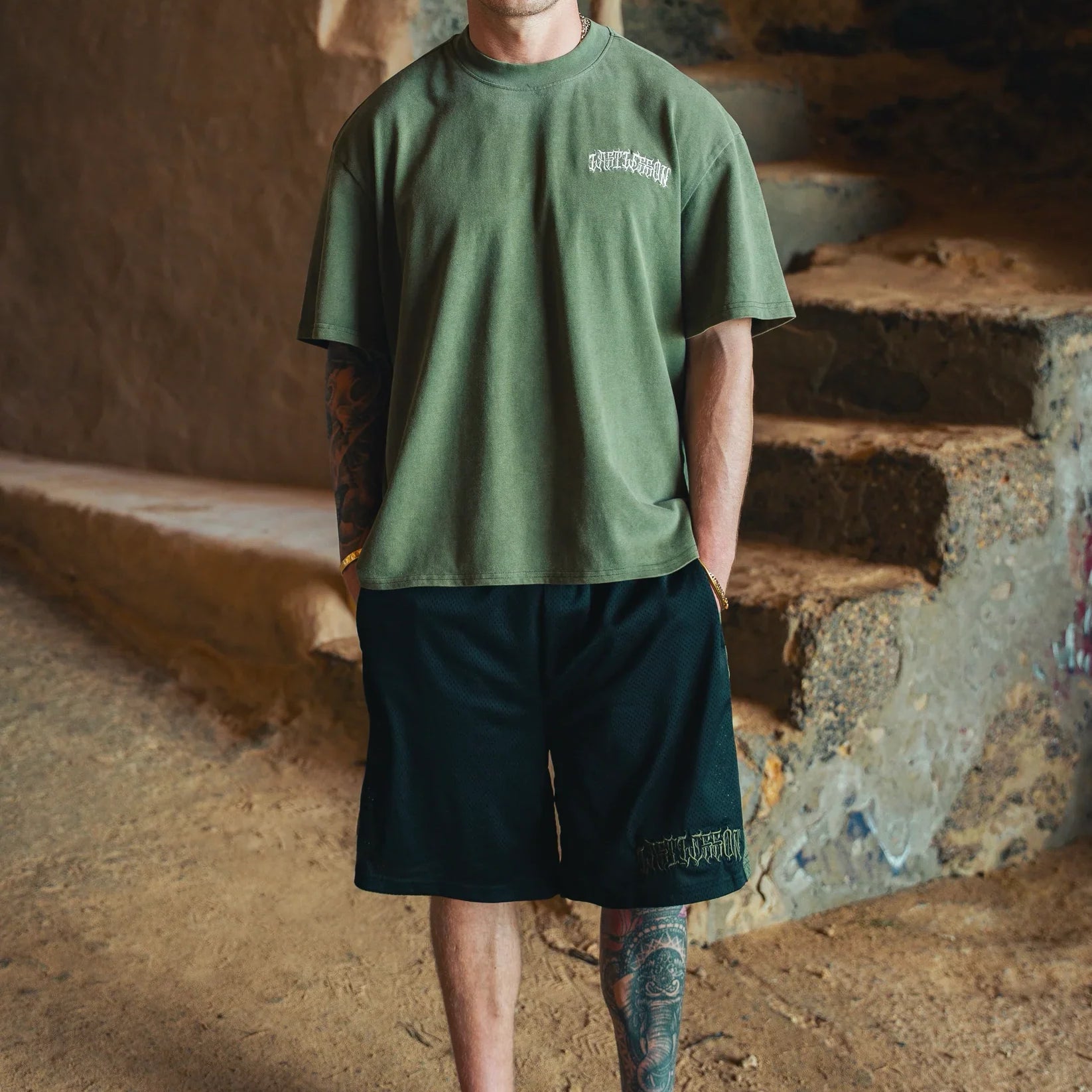Last Lesson Script mesh shorts in black and khaki colors