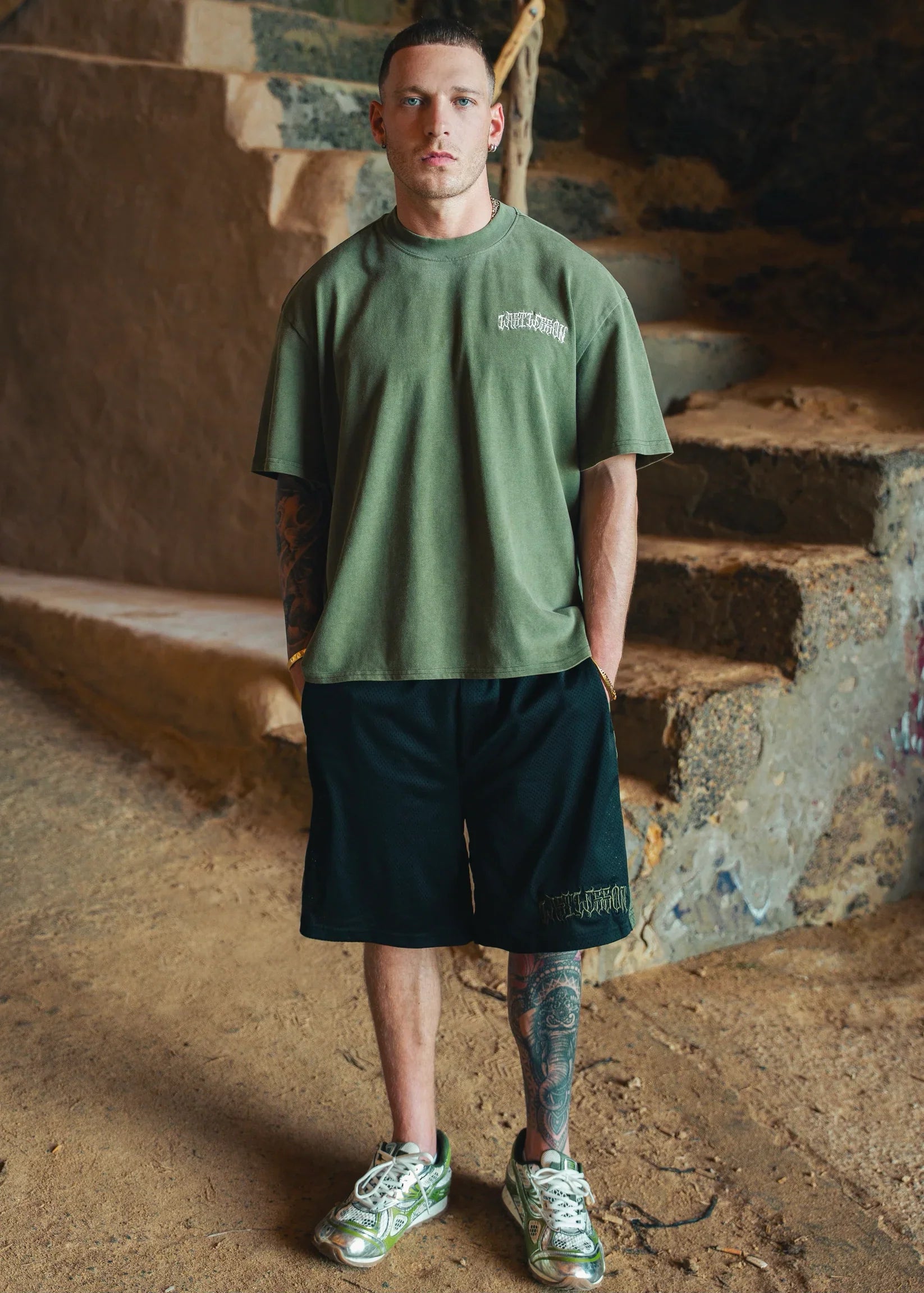 Last Lesson Script mesh shorts in black and khaki colors