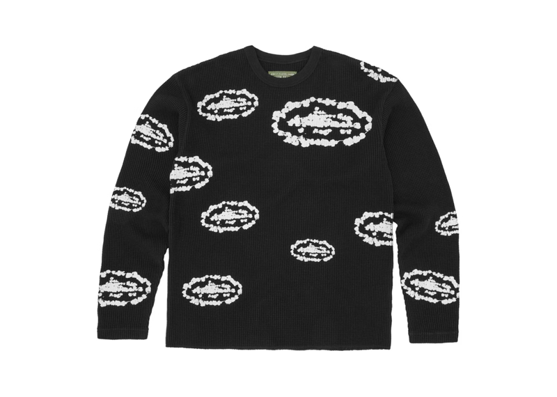Corteiz x Denim Tears black waffle thermal sweater with island wreath pattern