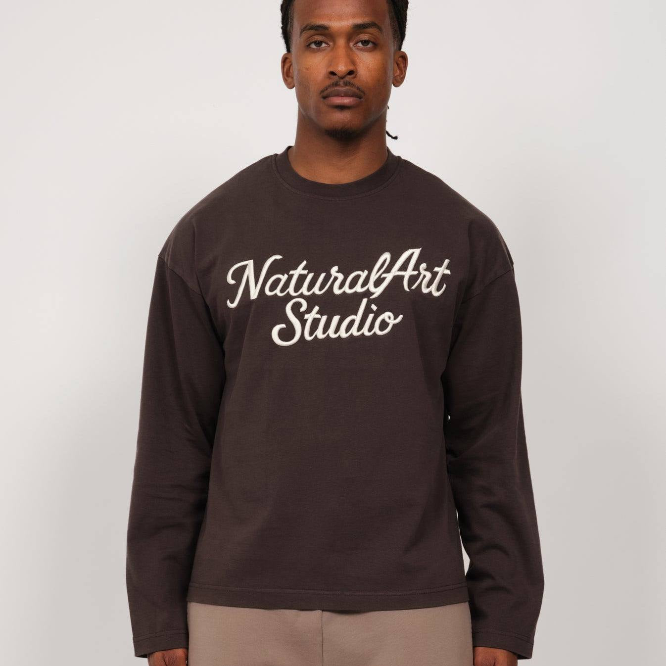 Natural Art Studio Charcoal long sleeve shirt with distressed front logo and screen print back, boxy fit cotton tee
