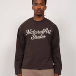 Natural Art Studio Charcoal long sleeve shirt with distressed front logo and screen print back, boxy fit cotton tee