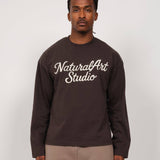 Natural Art Studio Charcoal long sleeve shirt with distressed front logo and screen print back, boxy fit cotton tee