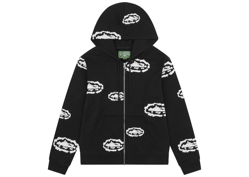 Denim Tears x Corteiz black zip hoodie with cotton wreath pattern