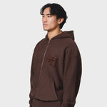 ANNIE HOOD COLLEGE ZIP washed brown relaxed fit brushback cotton garment dye hoodie