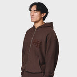 ANNIE HOOD COLLEGE ZIP washed brown relaxed fit brushback cotton garment dye hoodie