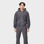 Annie Hood College Zip washed black relaxed fit brushed cotton garment dye hoodie