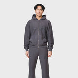 Annie Hood College Zip washed black relaxed fit brushed cotton garment dye hoodie