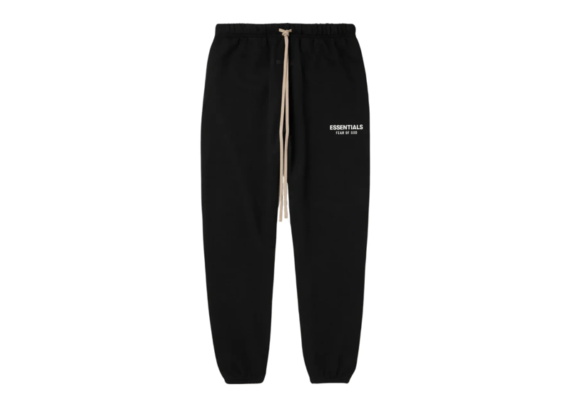 Black Fear of God Essentials fleece sweatpants with beige drawstring and logo print