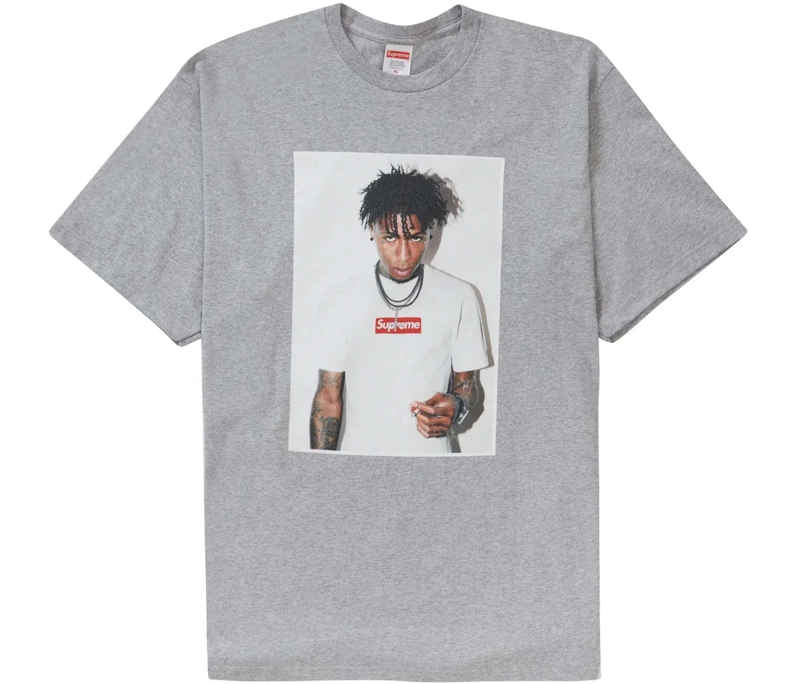 Heather grey Supreme NBA Youngboy Tee featuring a printed image of NBA Youngboy wearing a white Supreme shirt.