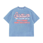 Suavo World Saint Hollywood T-Shirt on model, vintage wash cotton, boxy relaxed fit