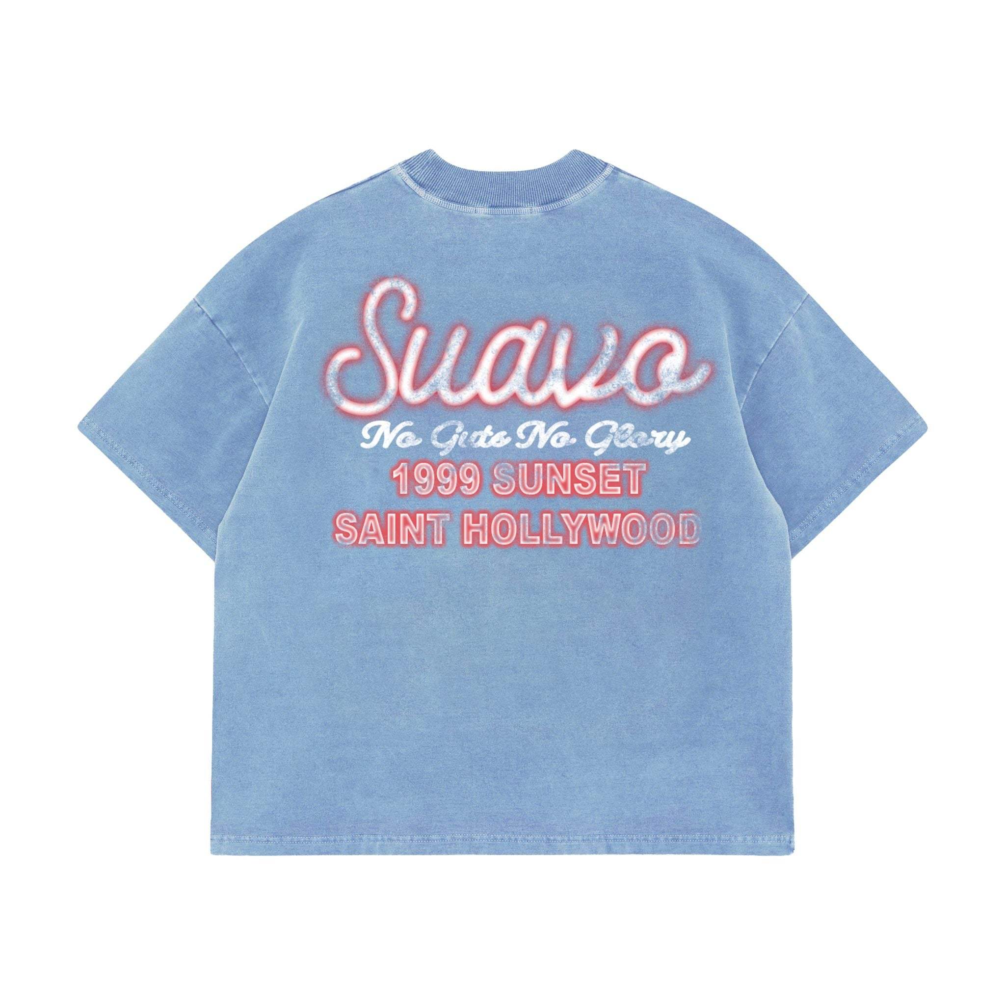 Suavo World Saint Hollywood T-Shirt on model, vintage wash cotton, boxy relaxed fit