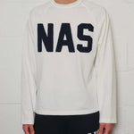 Natural Art Studio white cotton long sleeve sweatshirt with distressed NAS appliqué and boxy fit
