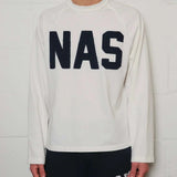 Natural Art Studio white cotton long sleeve sweatshirt with distressed NAS appliqué and boxy fit