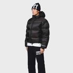 Annie Hood Hood Puffer jacket with 100% nylon outer and down filling, rain resistant, model wearing size M at 6'0 tall