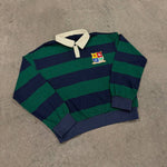 Five Questions Rugby long sleeve polo shirt with navy and green stripes and embroidered crest