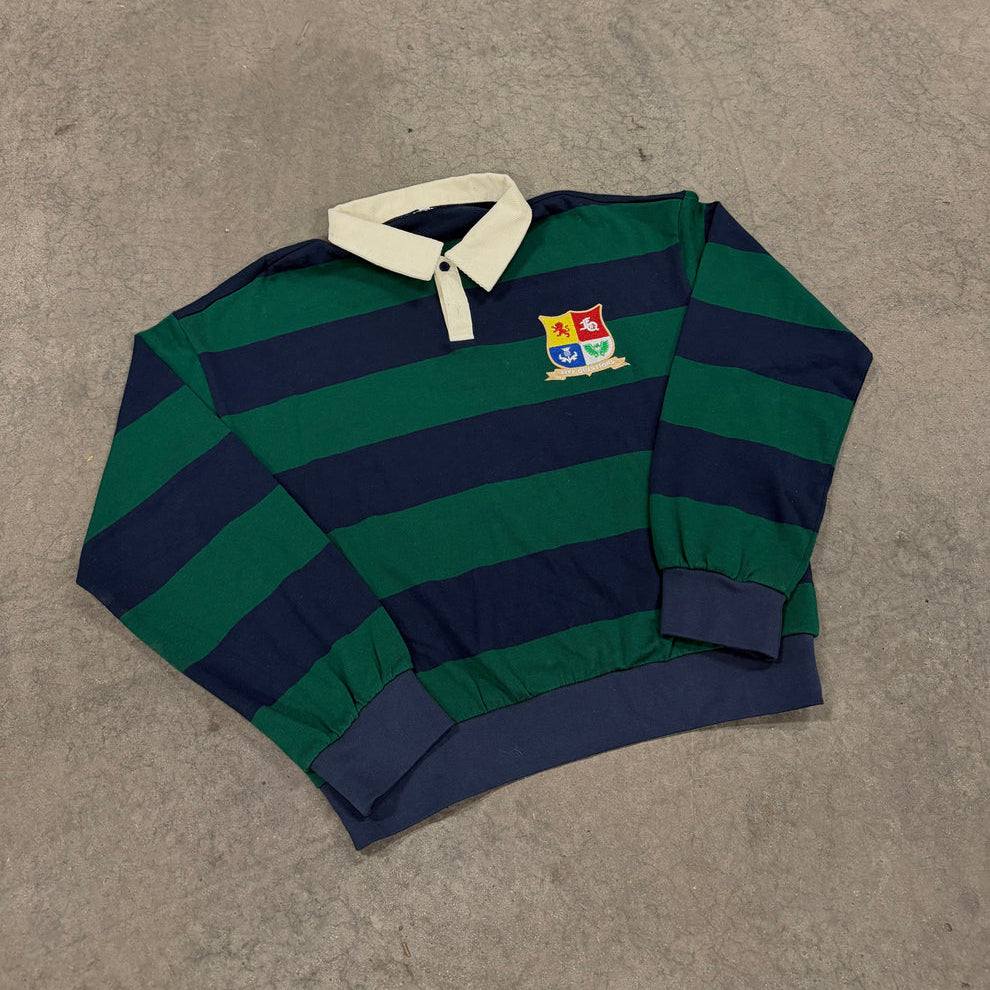 Five Questions Rugby long sleeve polo shirt with navy and green stripes and embroidered crest