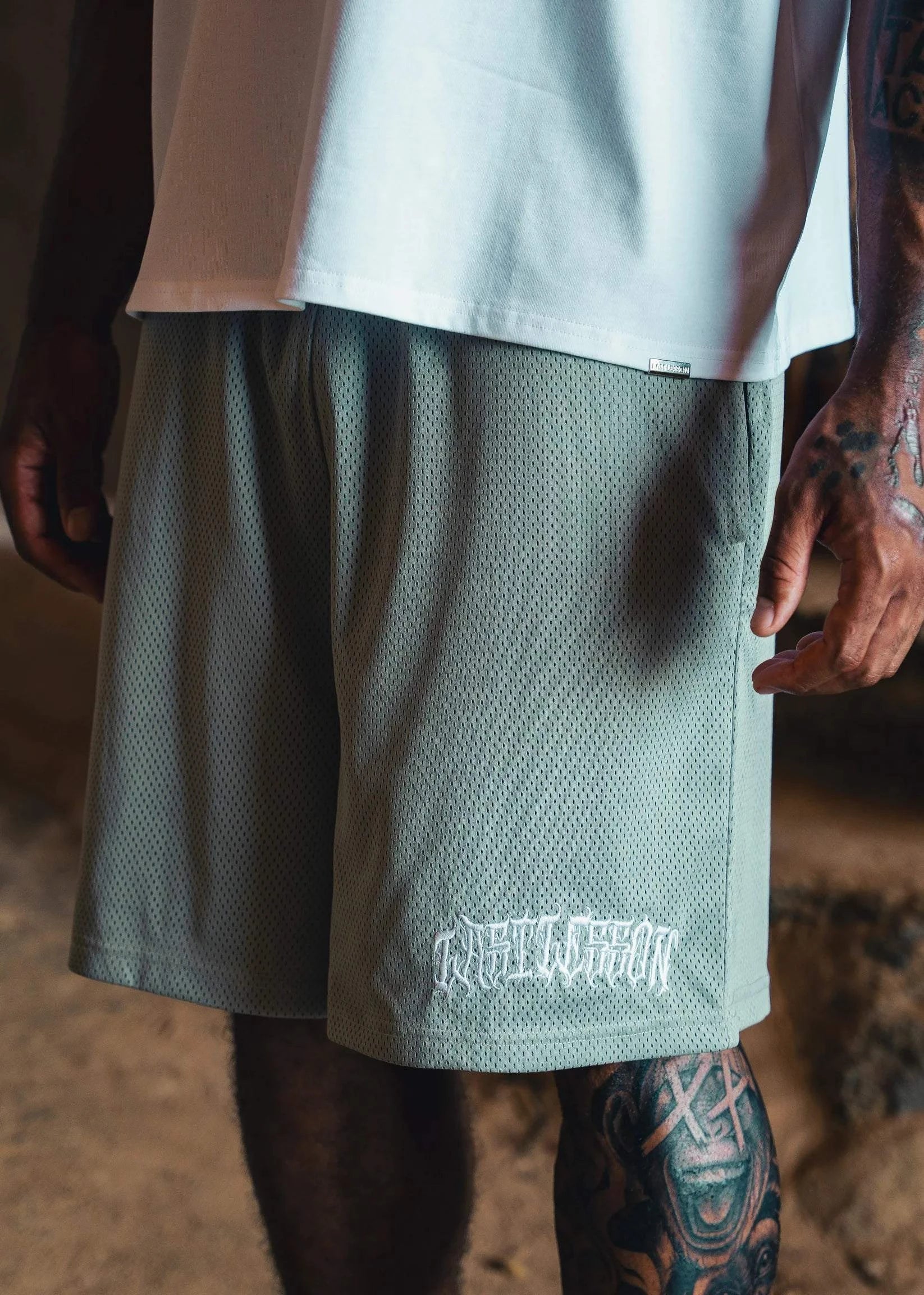 Last Lesson Script mesh shorts in grey color