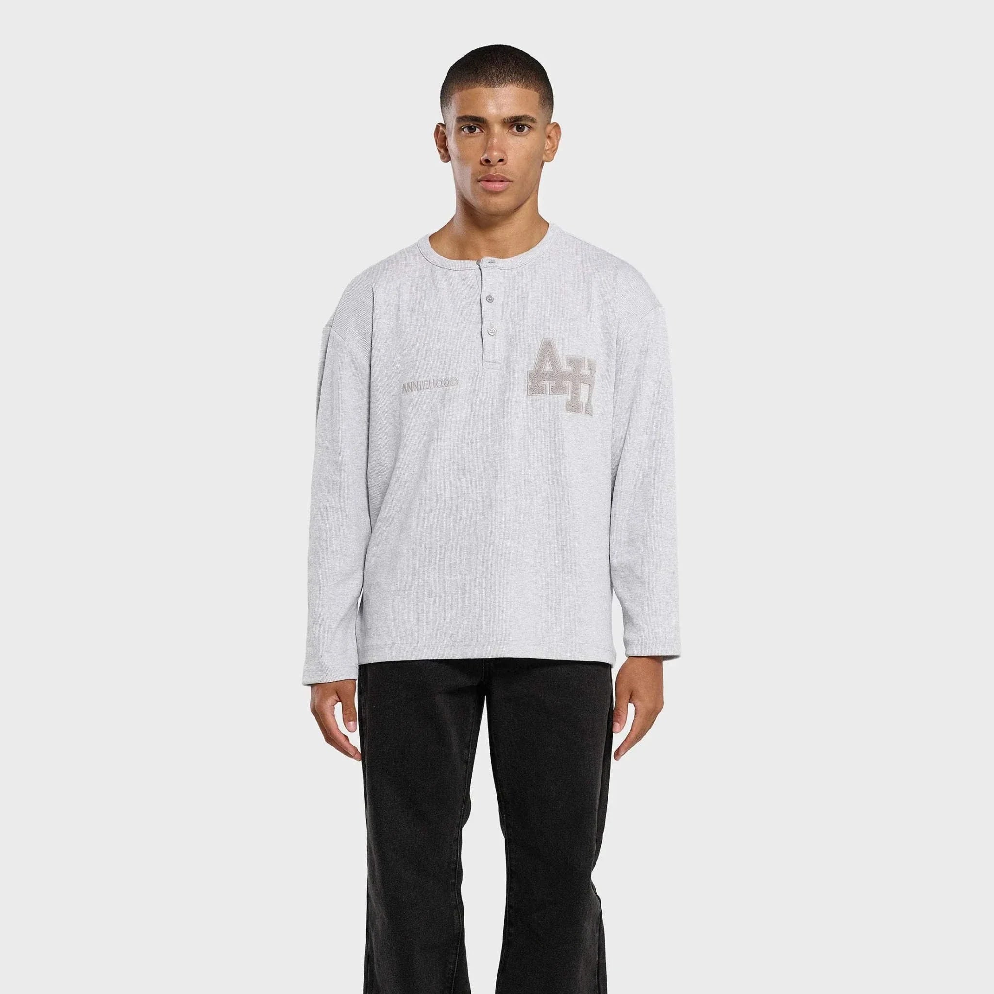 Annie Hood College Henley grey ribbed cotton shirt with double embroidery logo