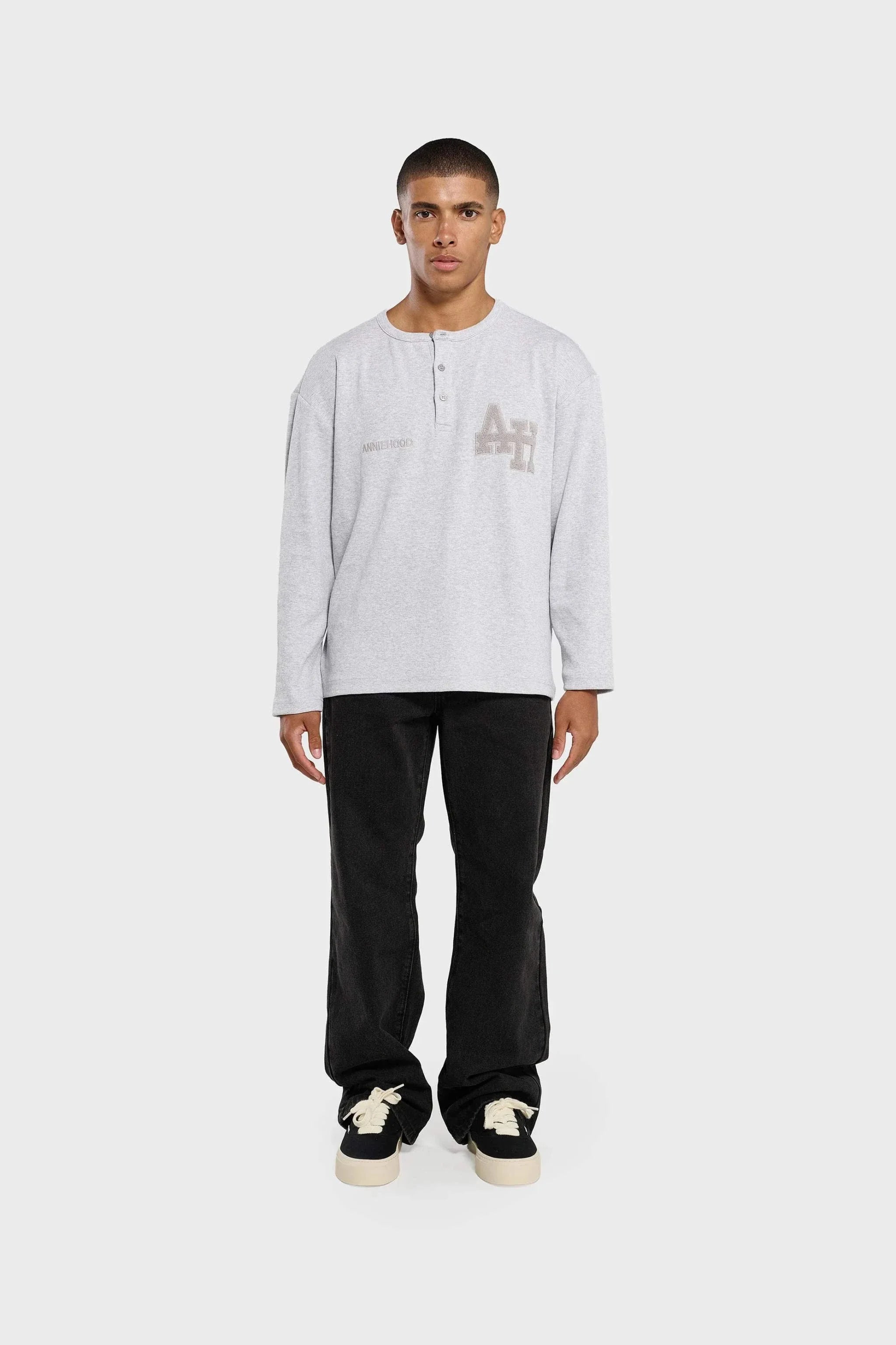 Annie Hood College Henley grey ribbed cotton shirt with double embroidery logo