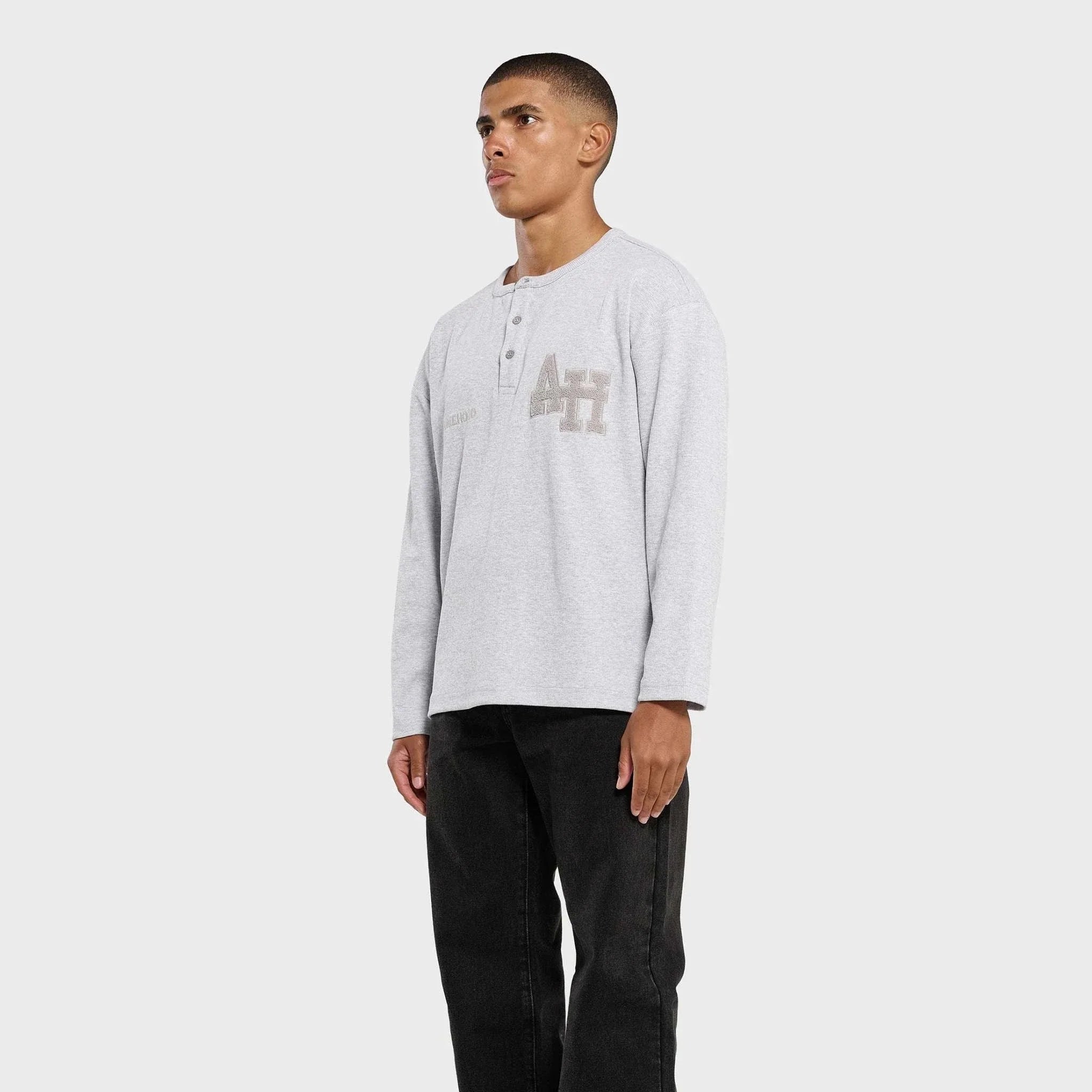 Annie Hood College Henley grey ribbed cotton shirt with double embroidery logo