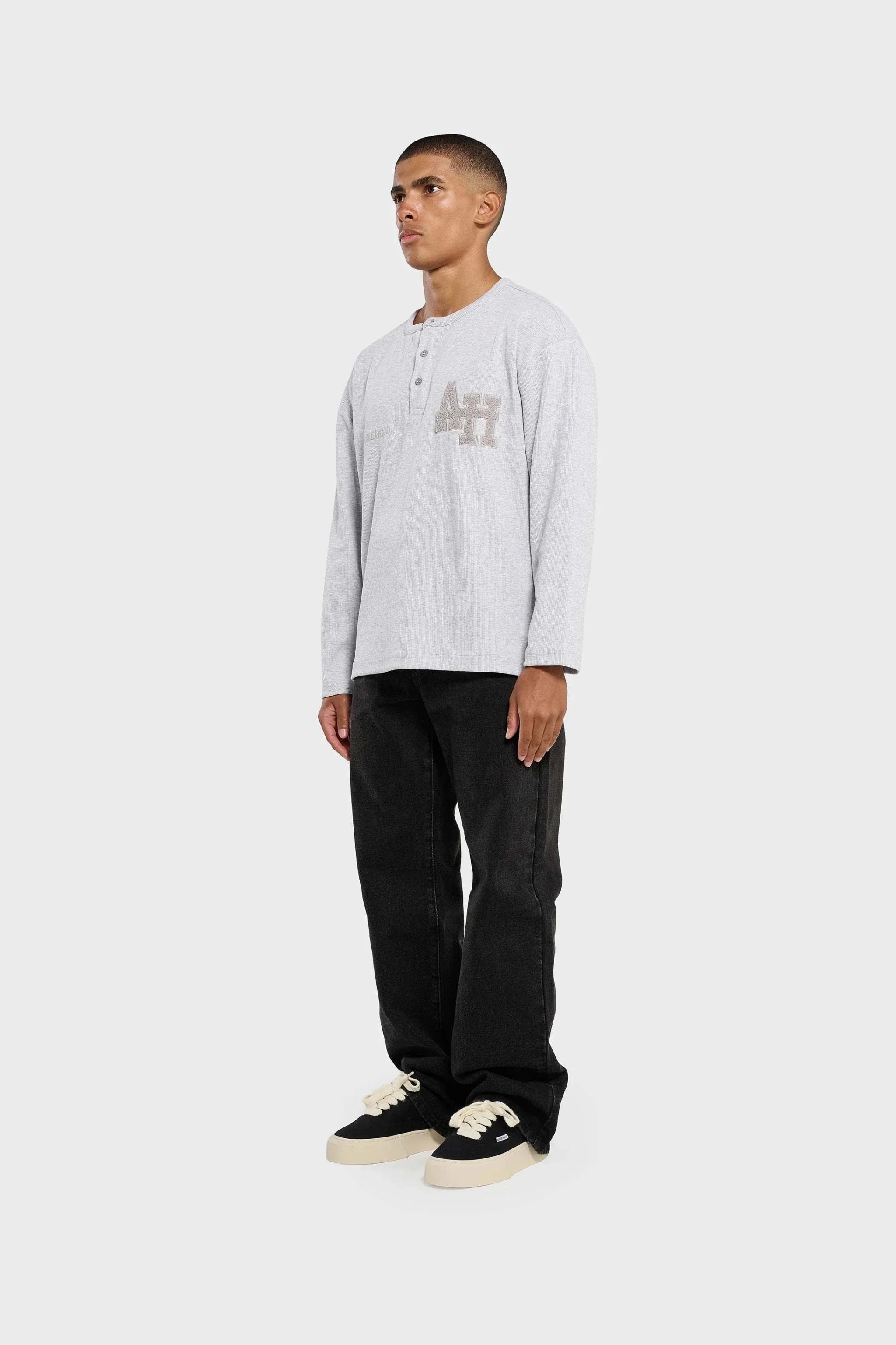 Annie Hood College Henley grey ribbed cotton shirt with double embroidery logo