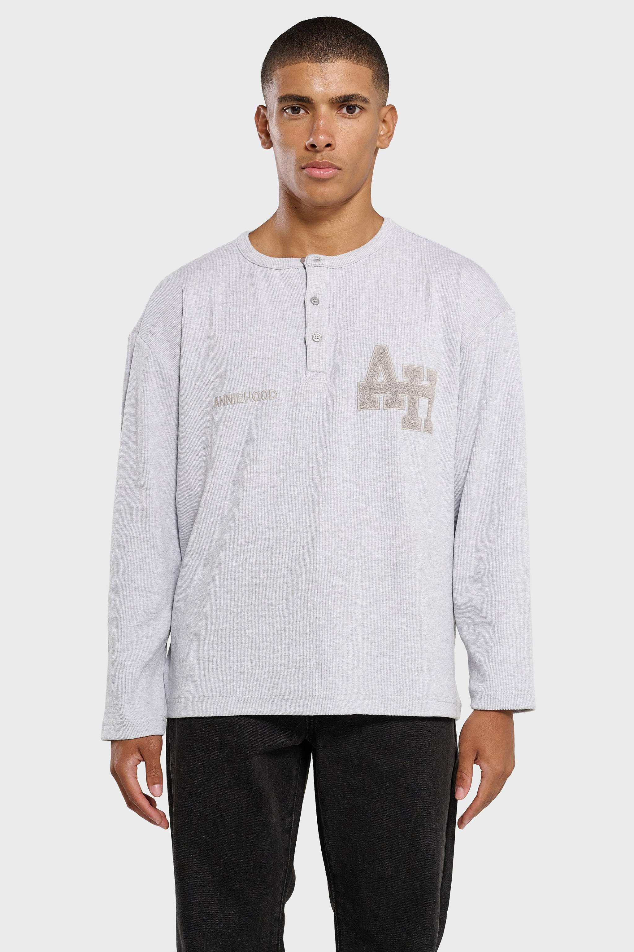 Annie Hood College Henley grey ribbed cotton shirt with double embroidery logo