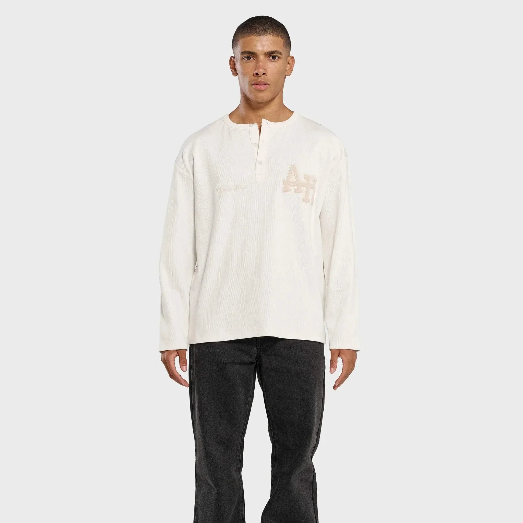Annie Hood College Henley white ribbed cotton shirt with double embroidery logo
